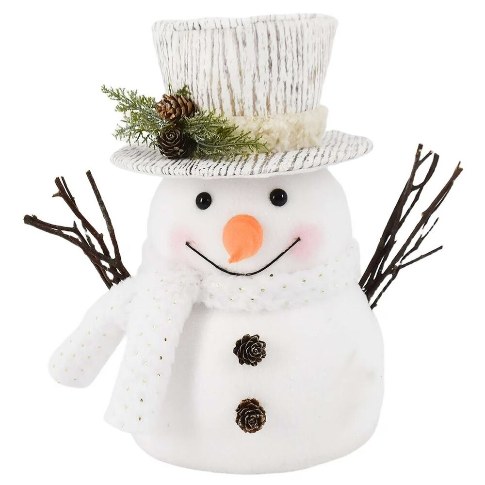 White Fabric Fluffy Snowman Christmas Tree Topper 11.75" w Scarf Top Hat Frosty
